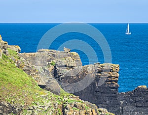 The Lizard peninsular,clifftops and white yacht sailing by,summertime,southern Cornwall,England, United Kingdom