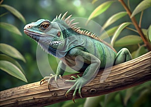 A lizard perches on a tree branch, blending with the green foliage