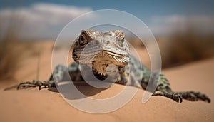 Lizard resting on branch, yellow scales, cute animal portrait generated by AI