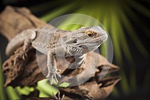 Lizard root, Bearded Dragon on black mirror background