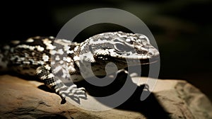 A lizard is sitting on a rock in the dark, AI