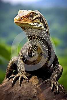 lizard sitting on top of rock outdoors with trees in the background