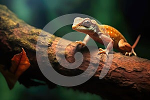 lizard stalking a crawling bug on a tree branch