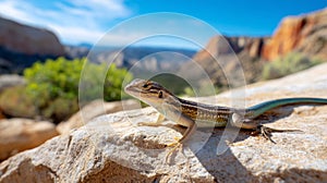 Lizard sunbathing on rock in scenic desert landscape with blue sky and red cliffs