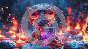 a lizard with sunglasses figure on a rock, on fire at background