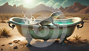 A lizard taking a bath in an antique tub in the middle of the desert