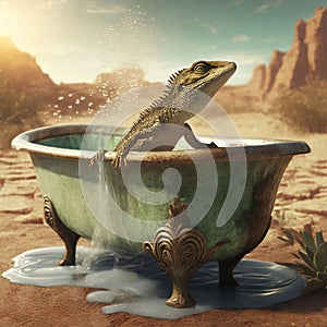 A lizard taking a bath in the desert in an antique tub