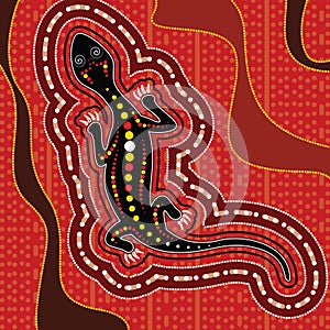 Lizard vector, Aboriginal art background with lizard, Landscape based on aboriginal style of dot painting.
