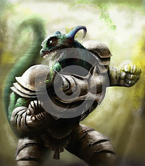 A lizard warrior wearing a steel armor