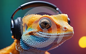 A lizard wearing headphones and smiling closeup shot