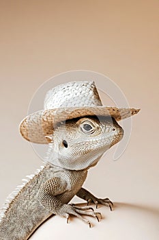Lizard wearing a straw hat posing against a soft beige background photo