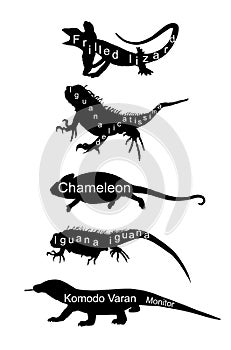 Lizards reptile set symbols. Frilled lizard symbol. Pet iguana silhouette.