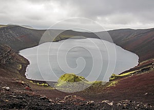 Ljotipollur lake. An old volcano crater who turned into a big lake, Landmannalaugar, Highland Iceland photo