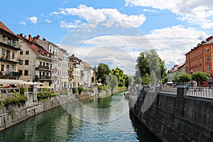The Ljublijanica River in central Ljubljana from Cobblers Bridge, Slovenia