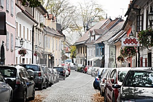 Autumn morning city view of old town with old building, Ljubljana