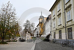 Autumn morning city view of old town with old building, Ljubljana