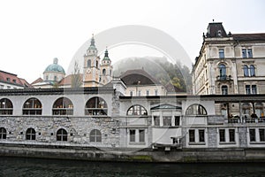 Autumn morning city view of old town with old building, Ljubljana