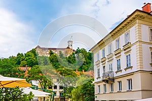 Ljubljana castle view from city street. Old historical architecture building in the center of the city. Ljubljana is the Slovenia