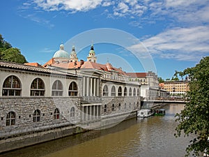 Ljubljana central market building, view from across river Ljuljanica