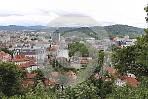 Ljubljana city center aerial view, capital of Slovenia.Kongresni trg and University view from the castle