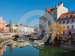 Ljubljana city landscape Slovenia, Europe. Capital urban center downtown scene. Famous square