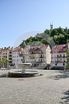 Ljubljana fountain and castle, capital of Slovenia