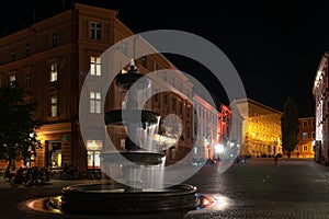 Ljubljana Fountain on Novi trg square at night with illuminated buildings