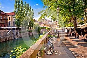 Ljubljana green riverfront promenade walkway summer view