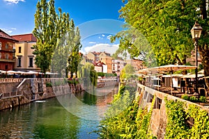 Ljubljana green riverfront promenade walkway summer view photo