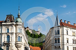 Ljubljana Old Town Center with view of the castle on the hill