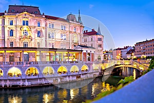 Ljubljana riverfront architecture evening view