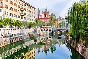 Ljubljana, Slovenia. Cityscape on Ljubljanica river canal in old town.