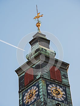 Ljubljana Slovenia clock tower exterior hall history capital center sightseeing downtown urban time old town city european time.