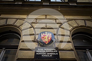 Sign indicating the Norwegian embassy Norsk Konsulat of Ljubljana.