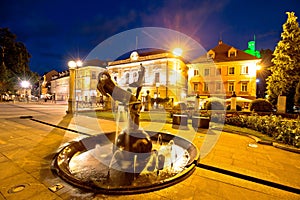 Ljubljana square and fountain evening view