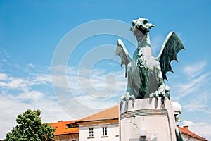 Ljubljana symbol dragon sculpture at Dragon Bridge Zmajski most in Ljubljana, Slovenia