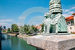 Ljubljana symbol dragon sculpture at Dragon Bridge Zmajski most in Ljubljana, Slovenia photo