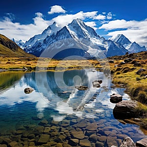 Llaca lagoon in the peruvian Andes and Ocshapalpa peak and Ranrapalca peak photo