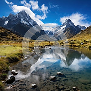 Llaca lagoon in the peruvian Andes and Ocshapalpa peak and Ranrapalca peak photo