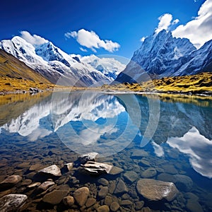 Llaca lagoon in the peruvian Andes and Ocshapalpa peak and Ranrapalca peak photo