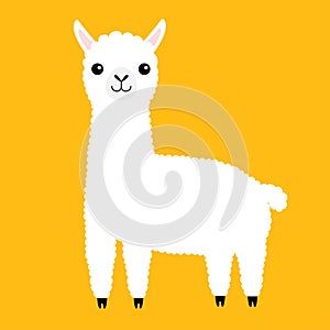 Llama alpaca animal. Cute cartoon funny kawaii character. Fluffy hair fur. Childish baby collection. T-shirt, greeting card, poste