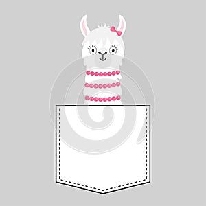 Llama alpaca face head in the pocket. Pink bow. Cute cartoon animals. Dash line. Kawaii character. White and black color. T-shirt