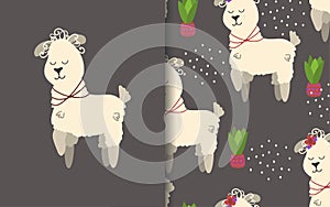 Llama, Alpaca girl. Set of vector seamless backgrounds and illustrations. Children\'s illustrations in cartoon hand-drawn style fo