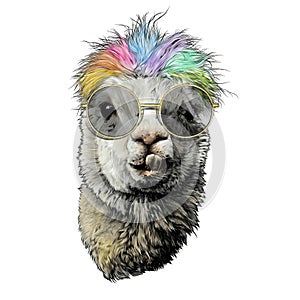 Llama or Alpaca head funny with protruding teeth fashionable with round glasses and rainbow colored hair