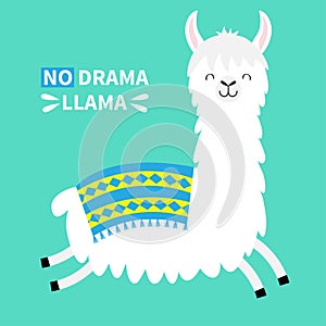 Llama alpaca running jumping. No drama. Cute cartoon funny kawaii smiling character. Childish baby collection. T-shirt, greeting