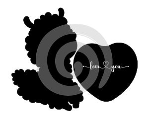 Llama Alpaca. Silhouette animal with heart. Romantic valentine Love you. Vector illustration. black hand drawn.