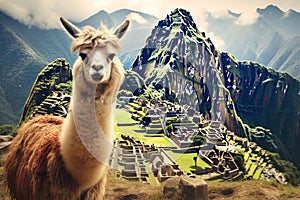 Llama in the ancient city of Machu Picchu, Peru, Lama And Machu Picchu, AI Generated
