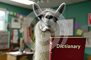 Llama as a teacher of English, in elementary school holding Dictionary book, classroom at background