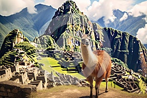 Llama on the background of the ancient city of Machu Picchu, Lama And Machu Picchu, AI Generated