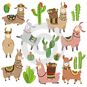 Llama cactus. Chile llamas alpaca and cacti wild lama. Peru camel, girl scrapbook kids funny elements cartoon vector set